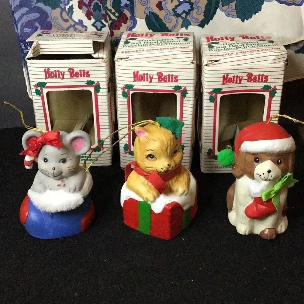 Ornaments set of 3 vintage hand painted and crafted animal bell ornaments by Gif